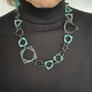 Necklace in turquoise/metal,  29” or 23”; w matching earrings turquoise/golden